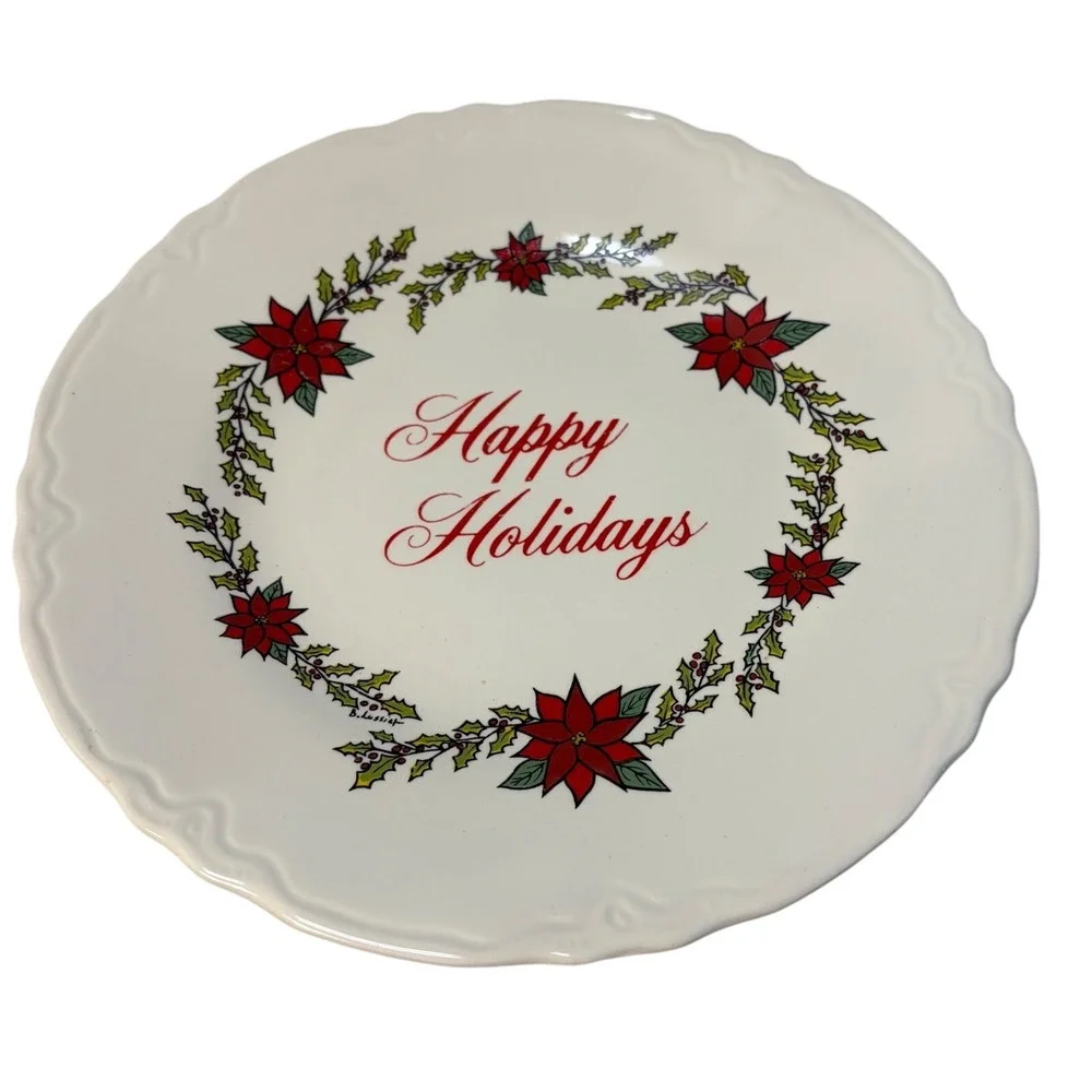 B. Lussier Happy Holidays Poinsettia Wreath Scalloped 10 Inch Dinner Plate